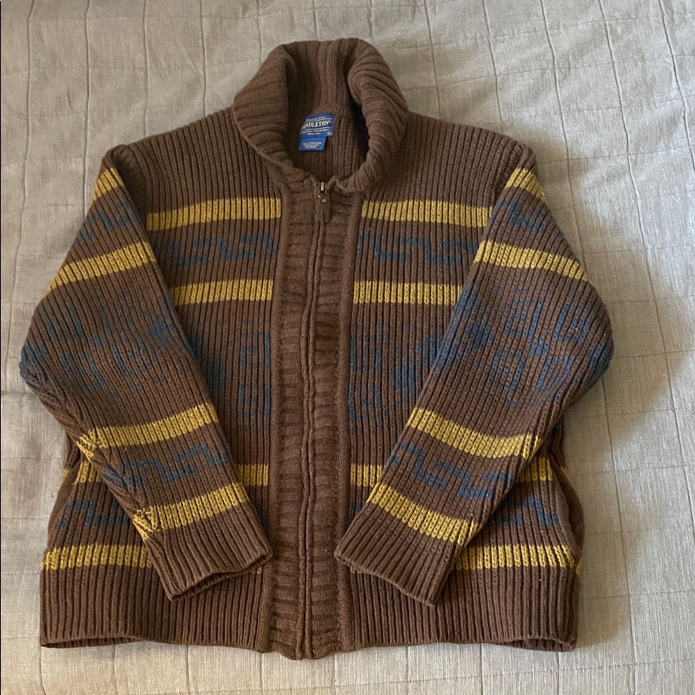Pendleton Brown and Yellow Zip-Up Sweater